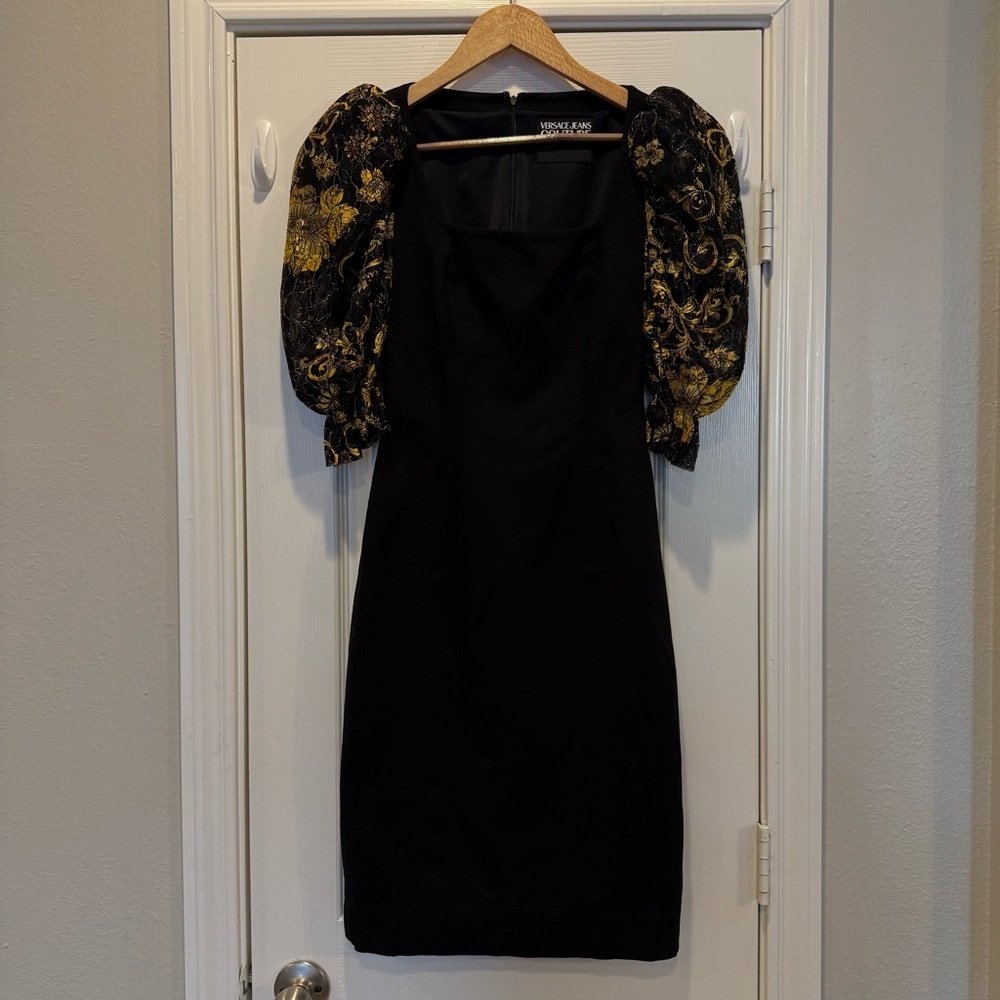 Versace Jeans Couture Midi Dress Women’s 4 Black Gold Puff Sleeves Bodycon Luxe - Picture 2 of 13